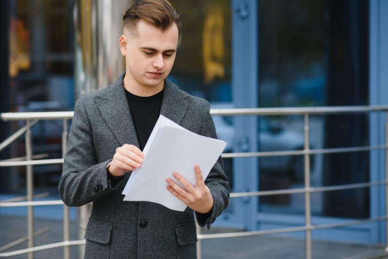 Portrait of serious businessman looking papers on city street. Worried manager reading documents in stylish suit outside. Disappointed executive working with documents outdoors